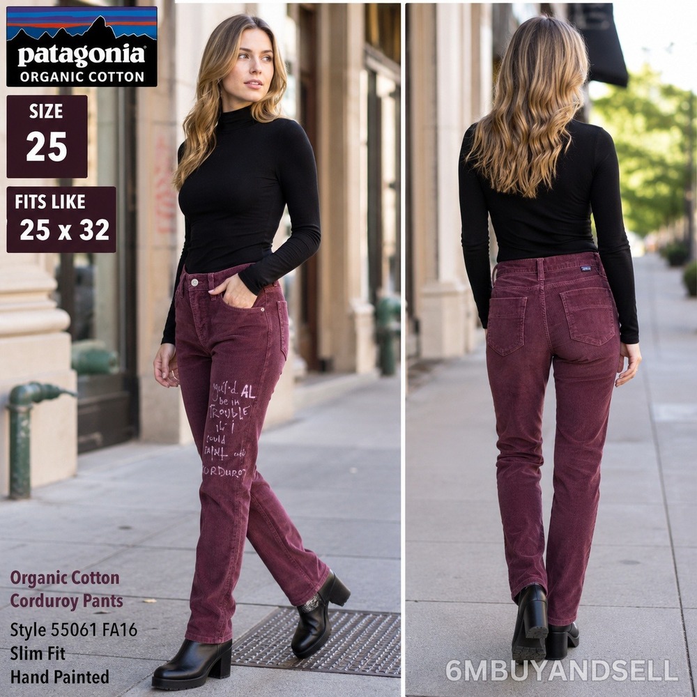 Patagonia Organic Cotton Corduroy Pants 25 Burgundy Slim Fit Hand‎ Painted 55061